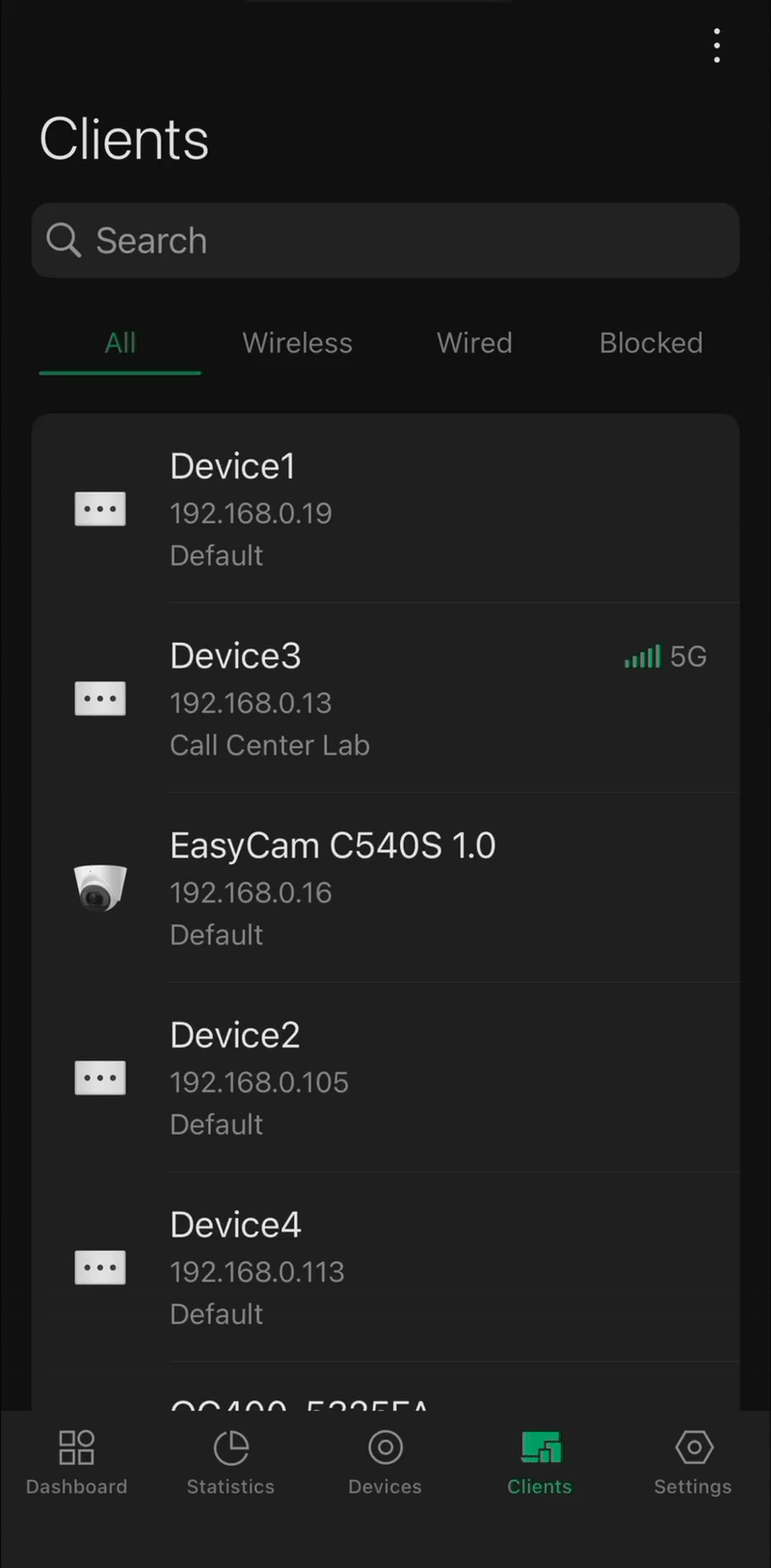 Show the search function of the Omada App’s Client List.