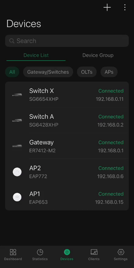 Show the search function of the Omada App’s Device List.