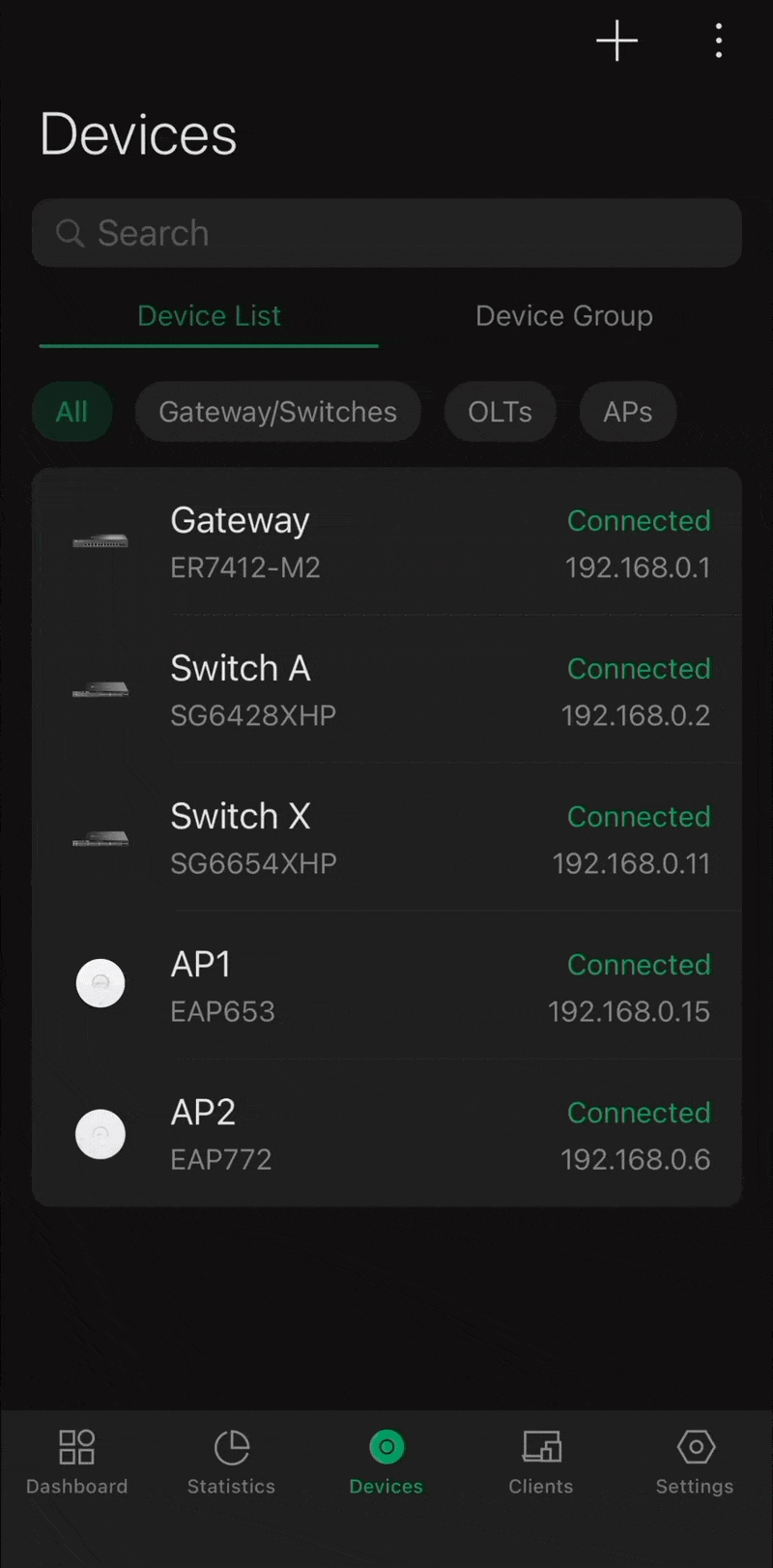 Show how to sort devices in the Omada App v5.