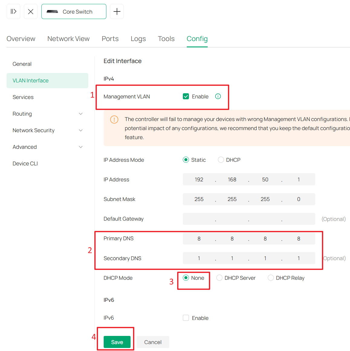 Setting VLAN 50 interface as Management VLAN