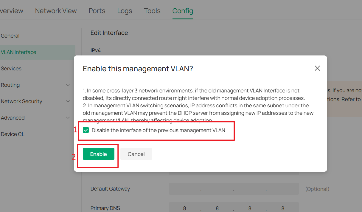Disable the interface of the previous management VLAN