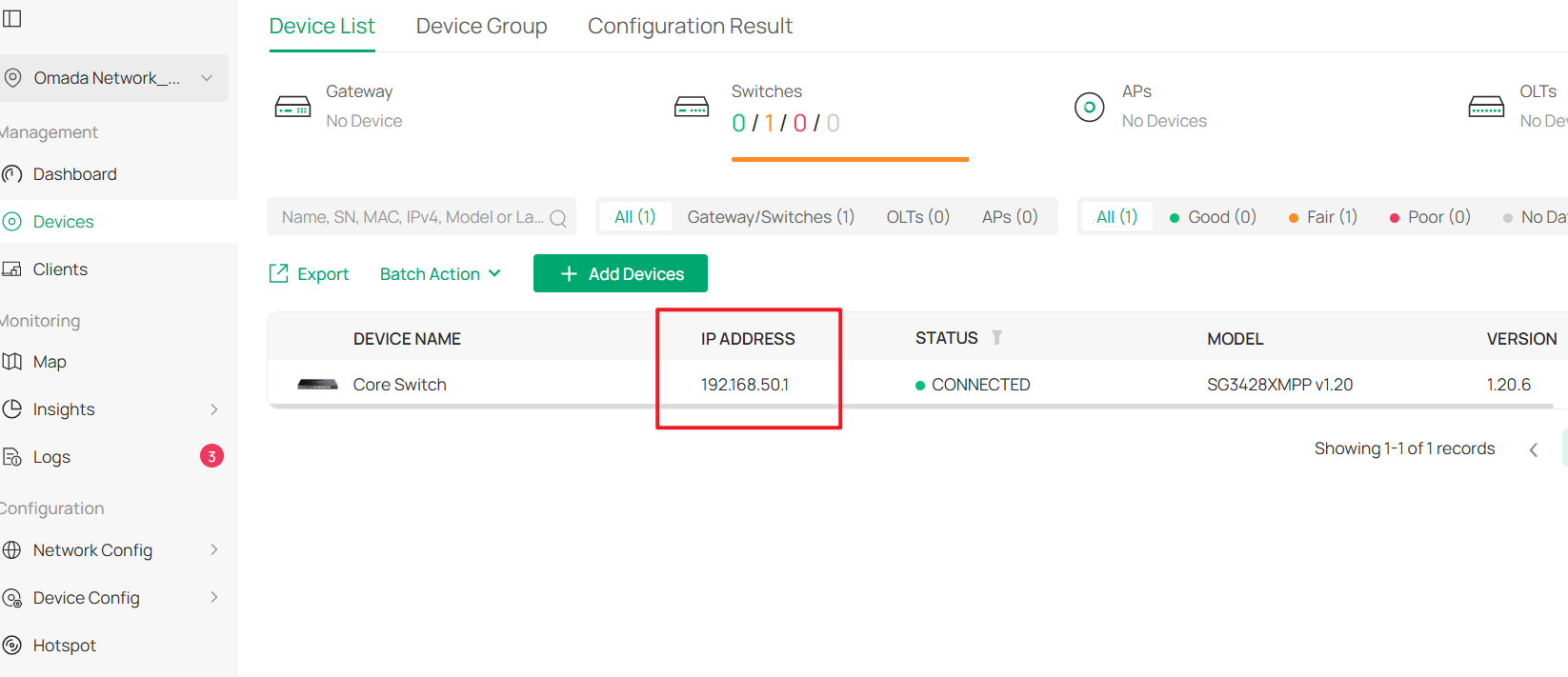 After changing the port to which the hardware controller is connected, the Core Switch status changed to Connected