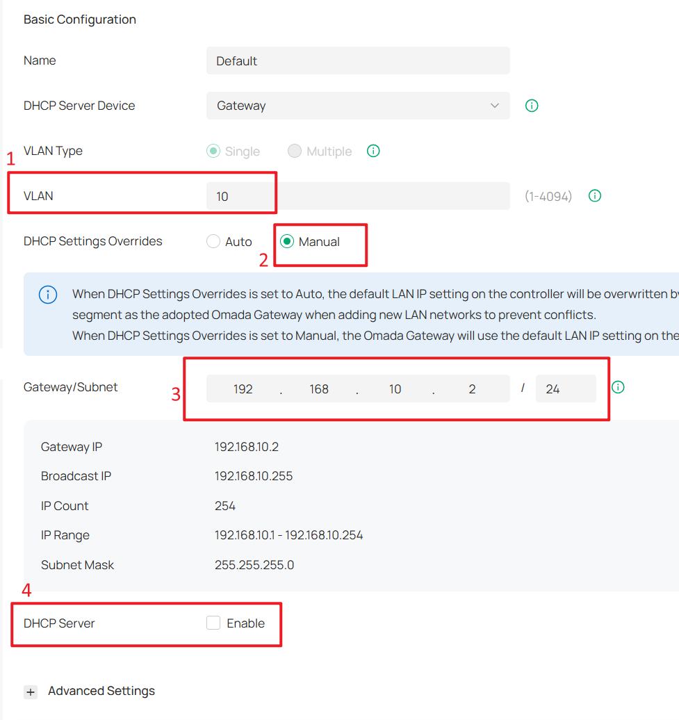 Setting the VLAN ID of Default Network to 10