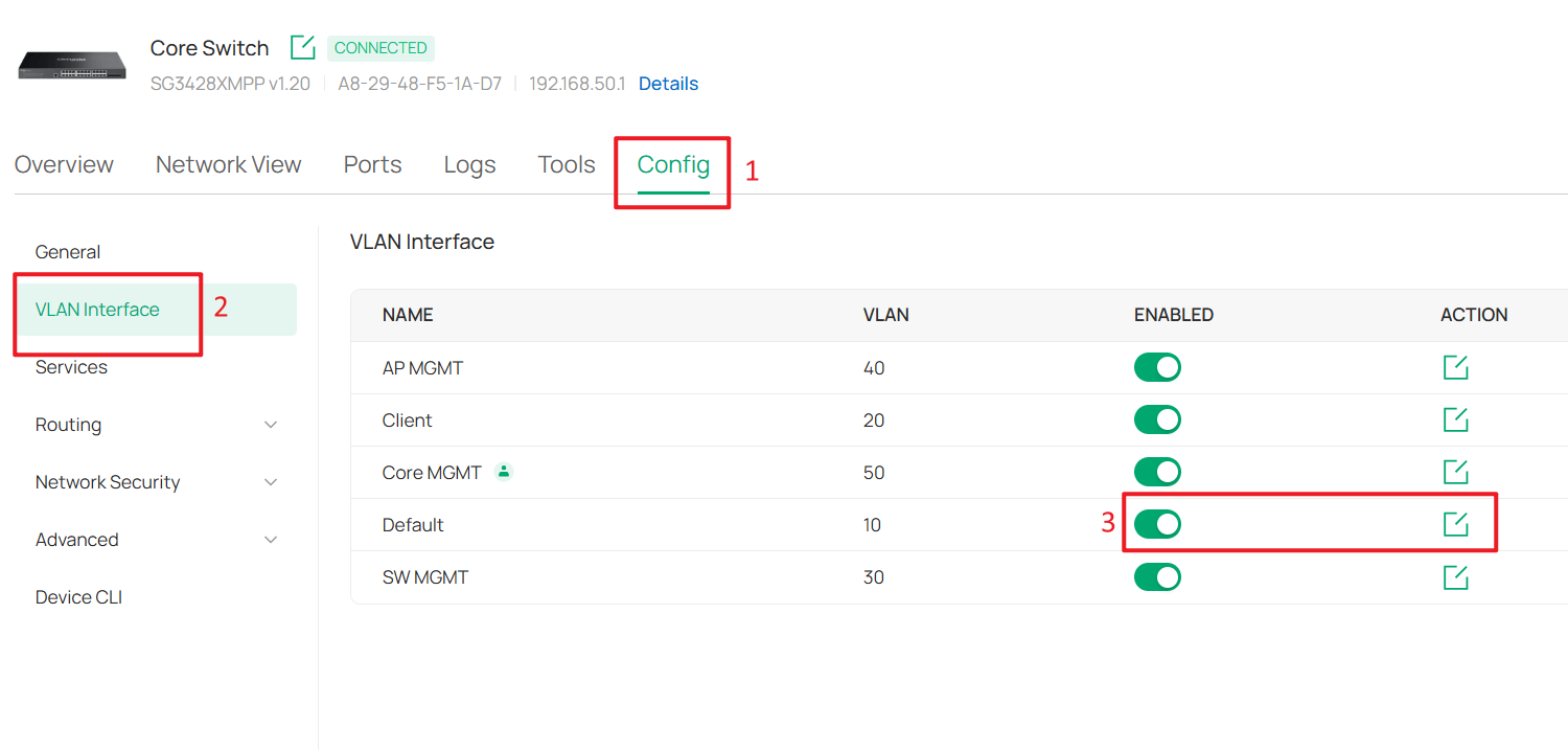 Configuration page showing the Default network ACTION option under Config > VLAN Interface