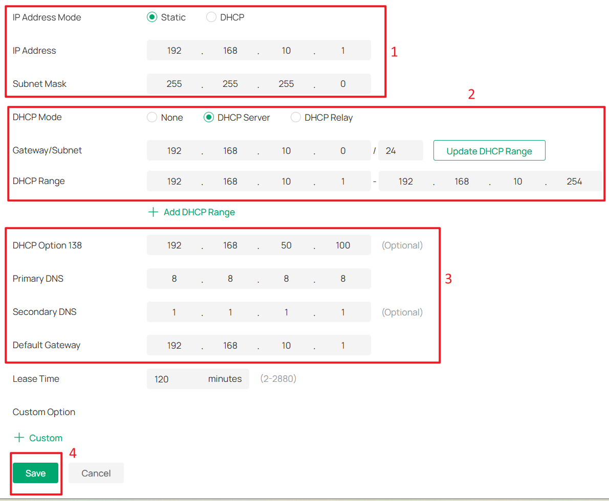 Configuration page showing the setting of the IP Address, DHCP Range, DHCP Option 138 and Default Gateway