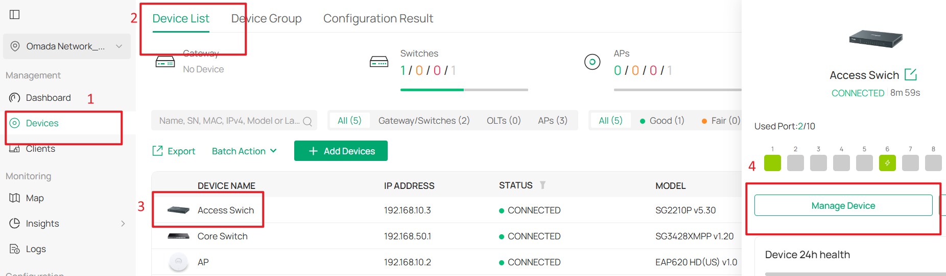 Go to the private configuration page of switch