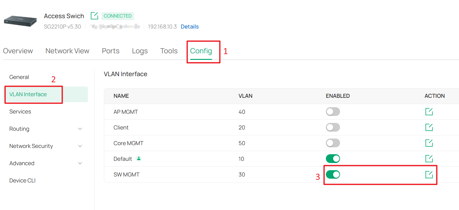Configuration page showing the ACTION option for SW MGM under Config > VLAN Interface