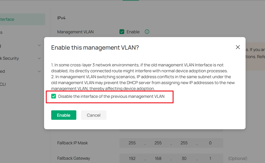 The "Enable this Management VLAN" dialog with the "Disable the interface of the previous Management VLAN" checkbox selected