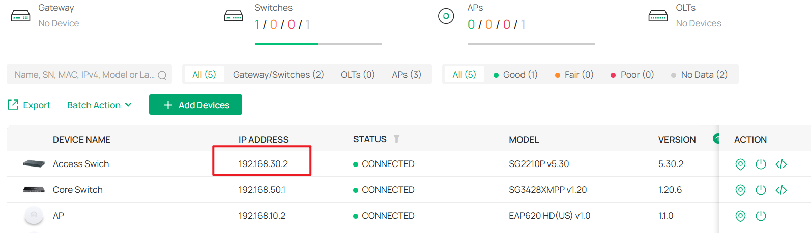 Now the IP address of switches have changed to 192.168.30.0/24