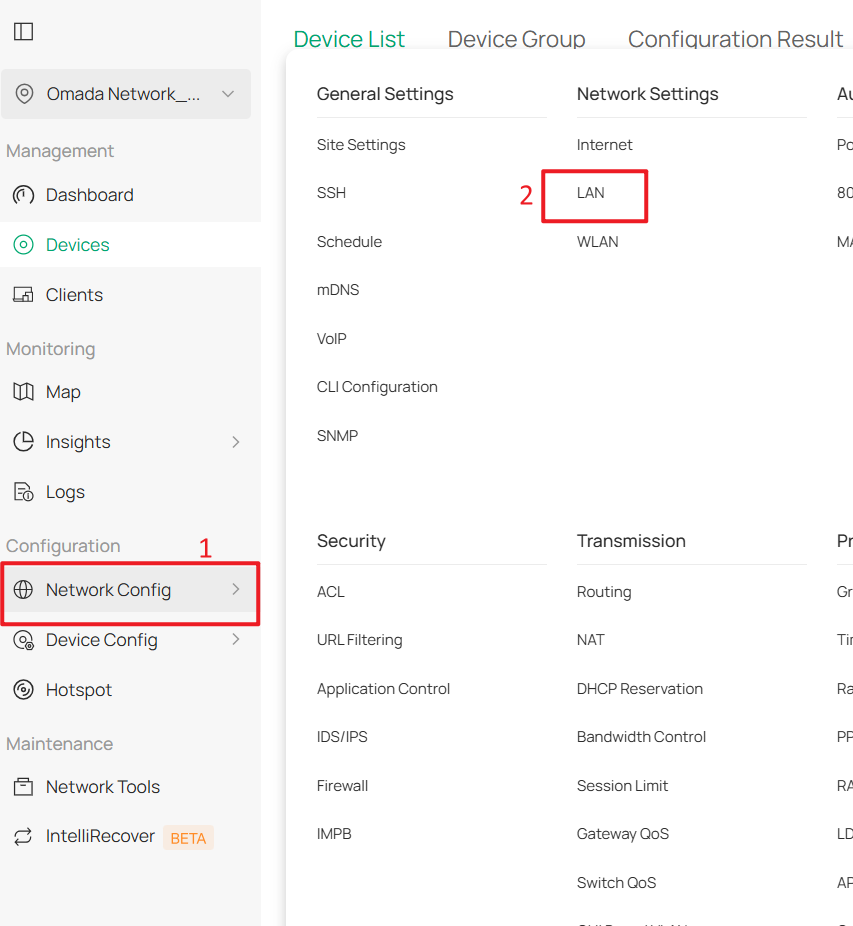 The location of LAN configuration page on the Controller Web UI.