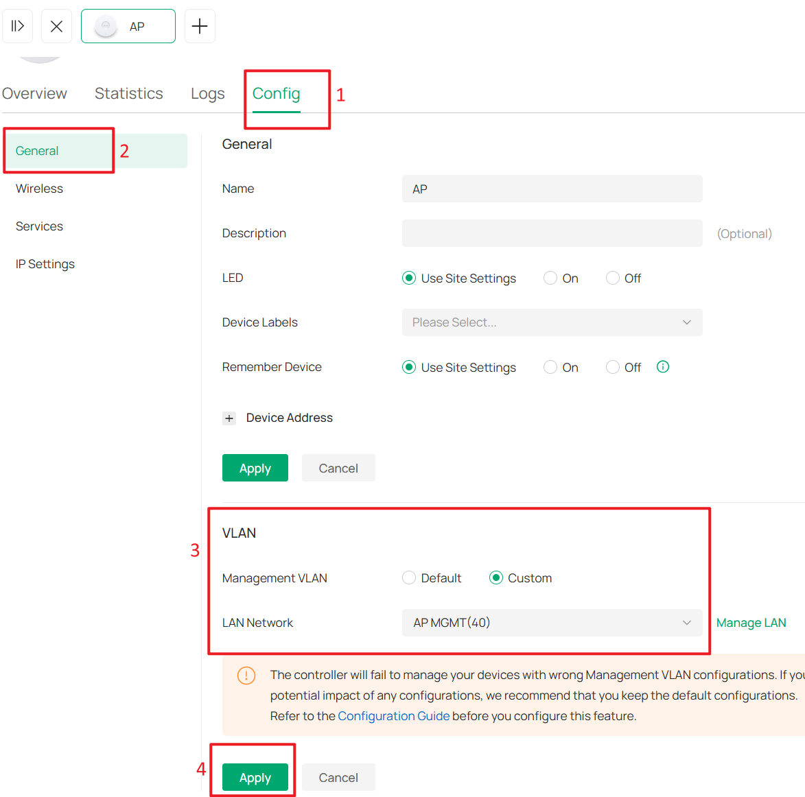 Edit the Management VLAN to AP MGMT (VLAN 40)