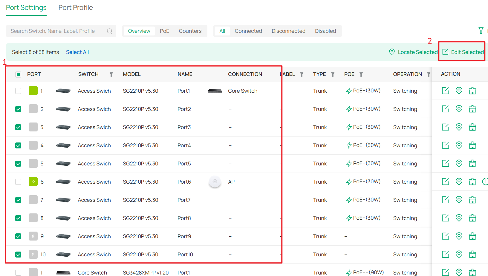 Select all client ports and edit them in bulk