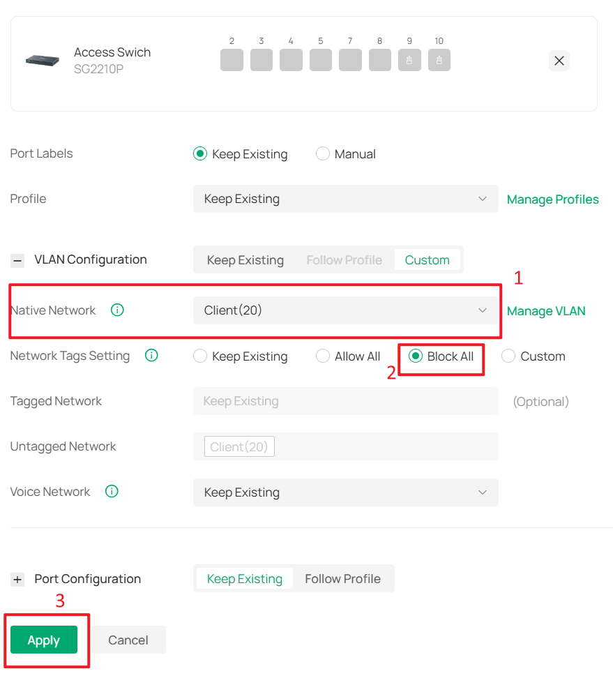 Set the client ports to allow only Client Network traffic