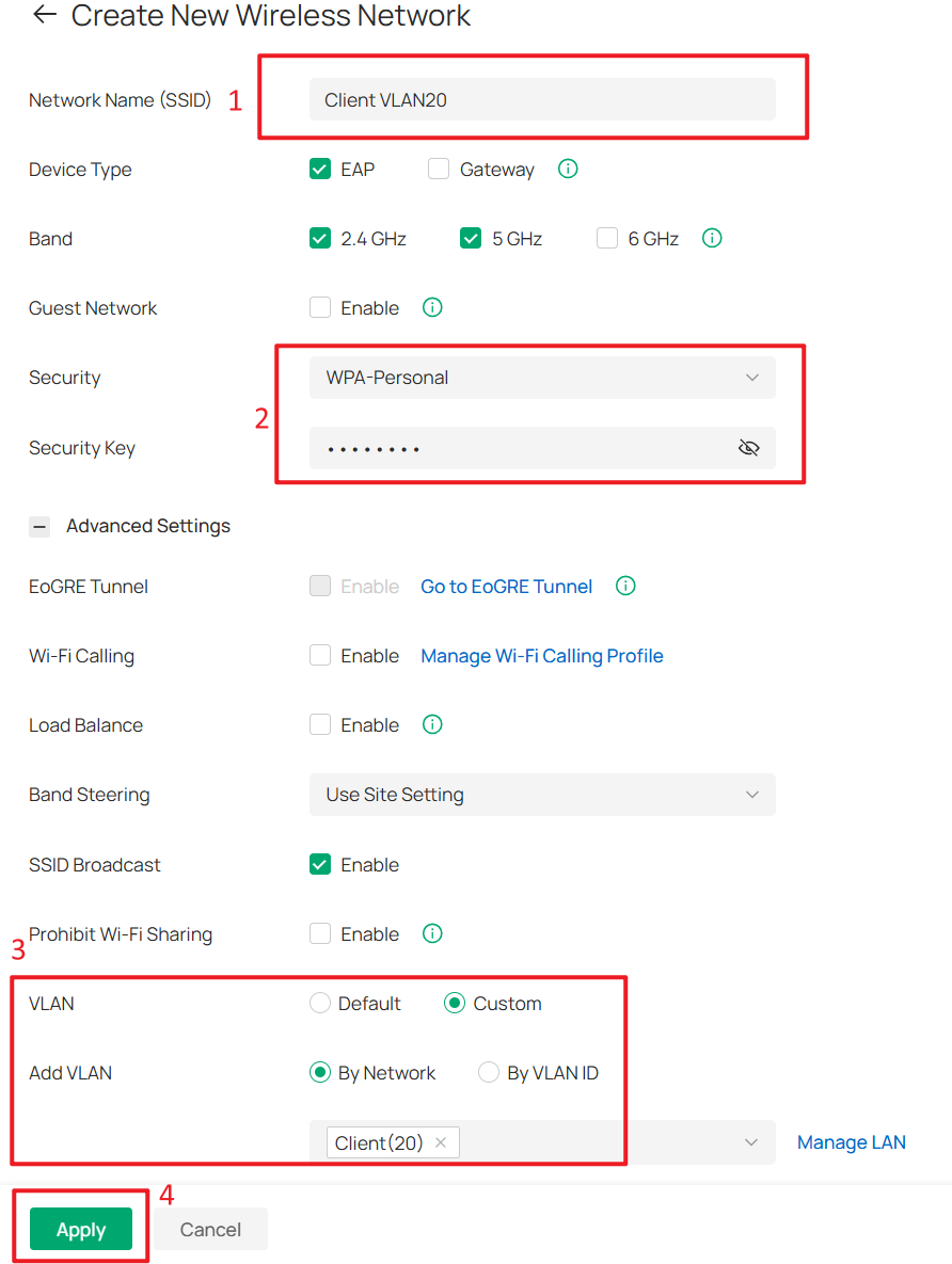 Setting VLAN of SSID for clients as Client Network (VLAN 20)