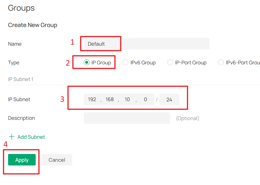 Create the IP group for Default Network