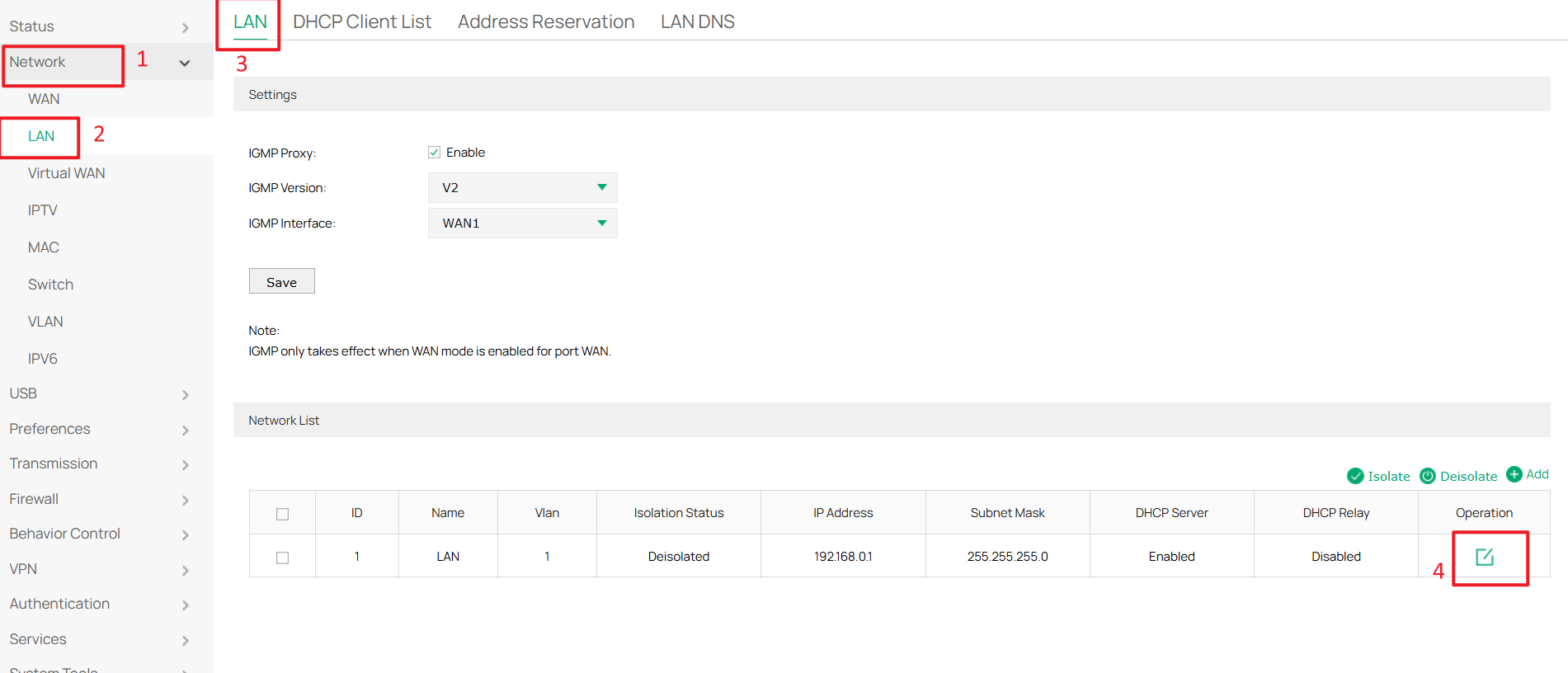 Edit the default LAN of the gateway