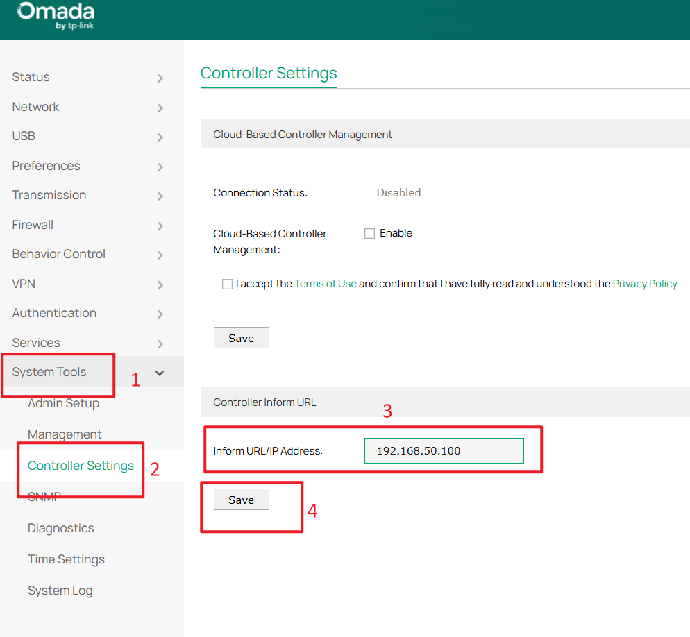 Configure the Inform URL/IP Address to allow the gateway to discover the Controller