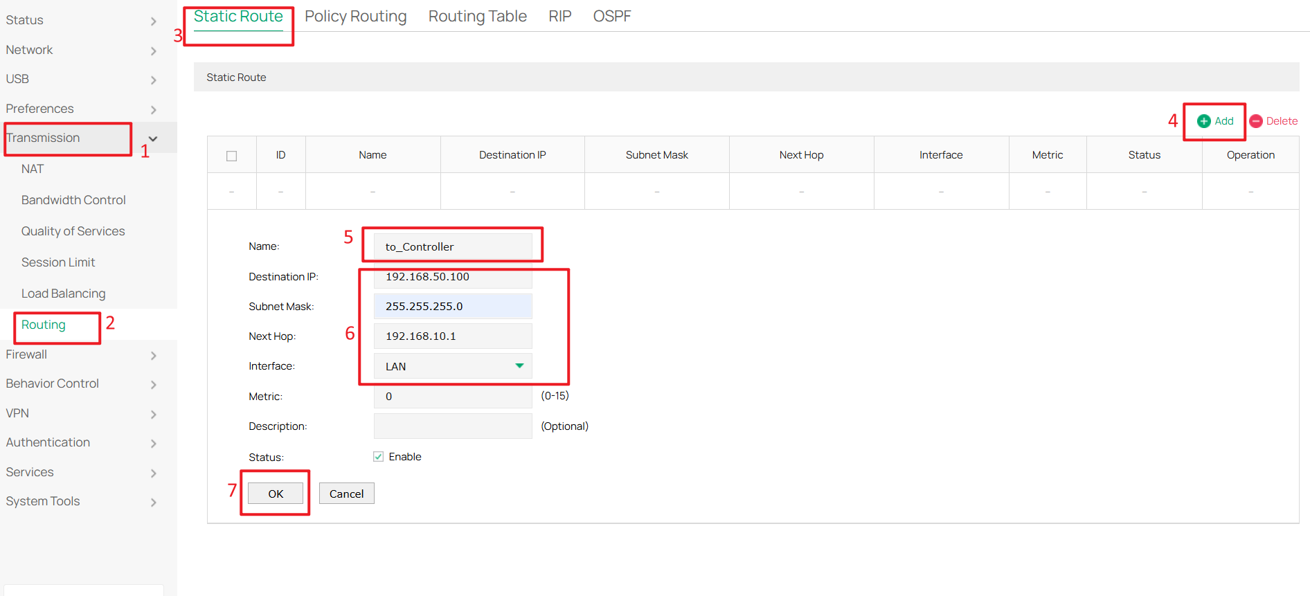 Configure a static route to ensure that the gateway can route traffic to the Controller