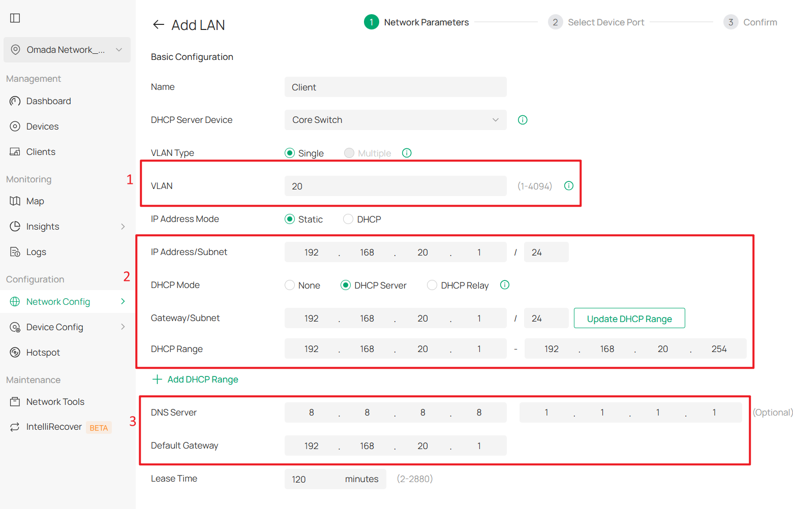 Configurate Client Network VLAN20 for an example