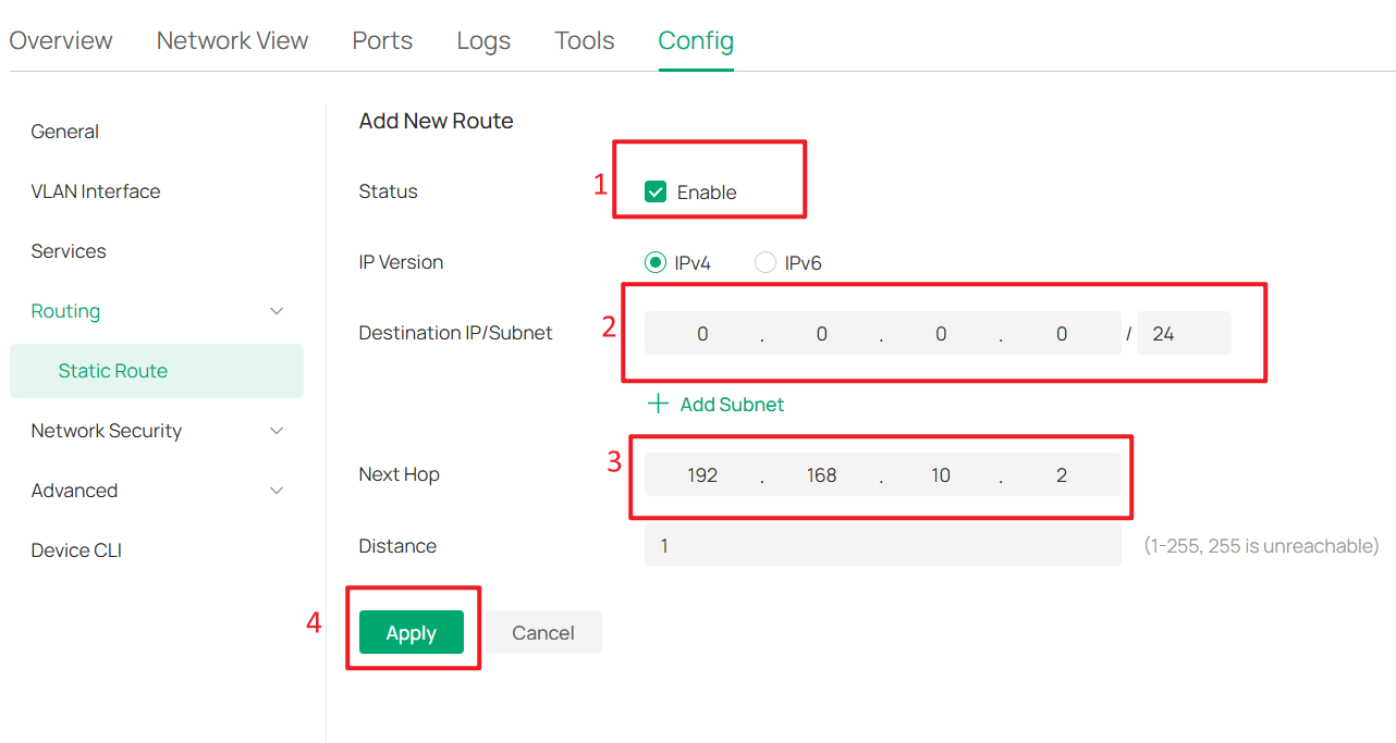 Default static route configured to forward Internet traffic