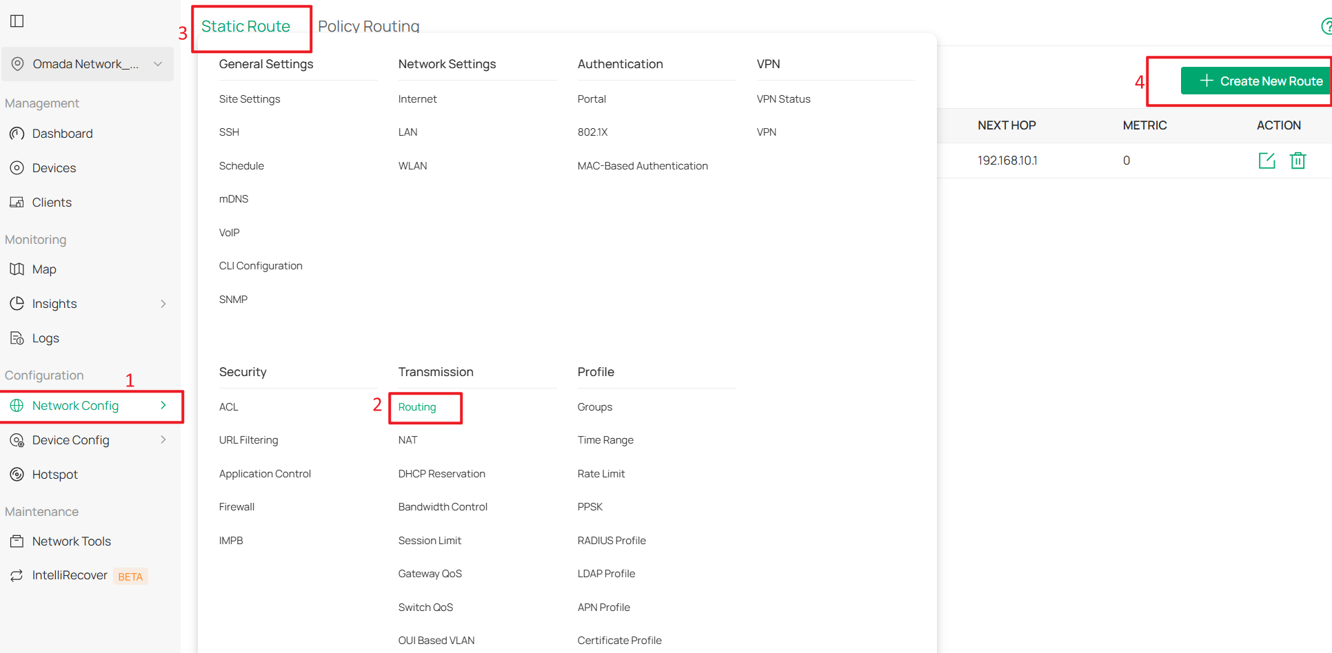 Create static route for gateway