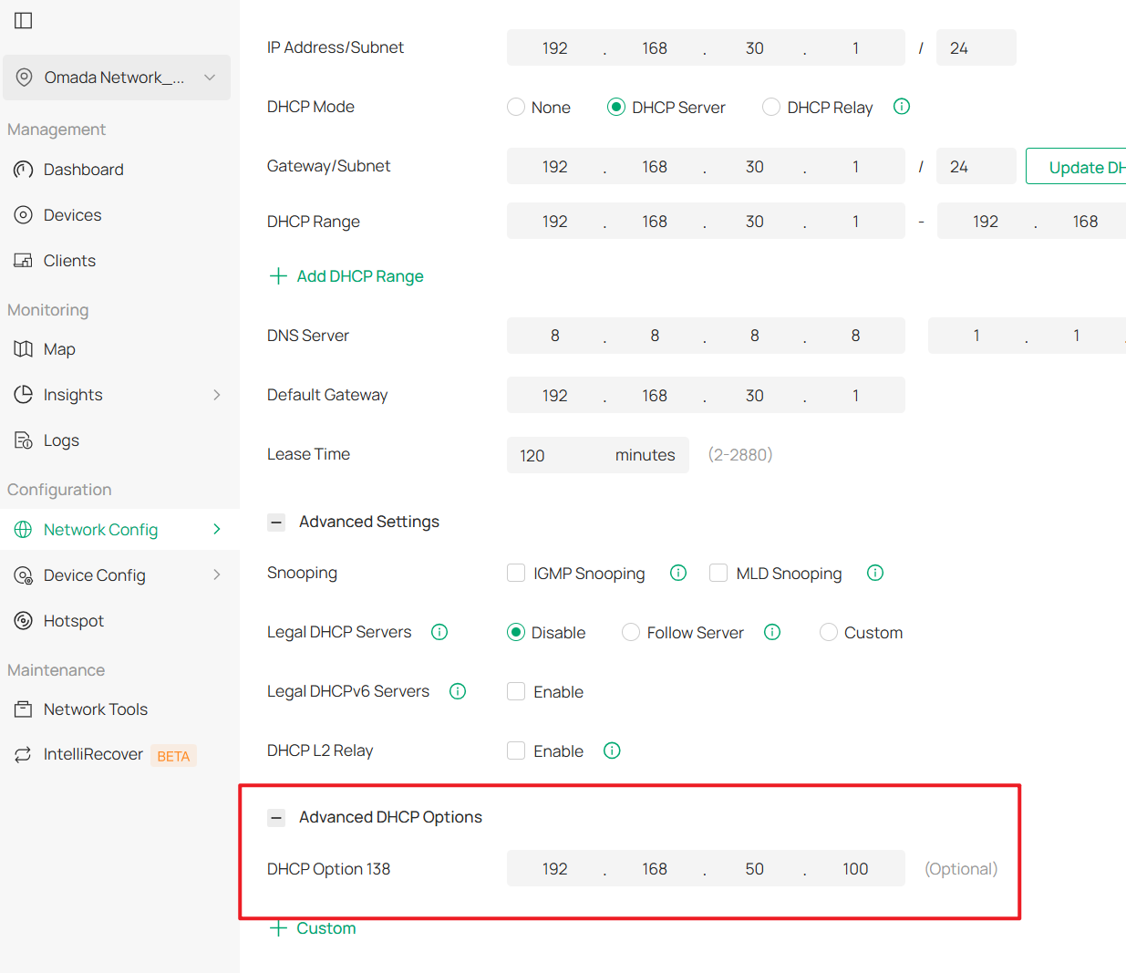 Setting DHCP Option 138 when config the VLAN 30 and VLAN 40 in this network