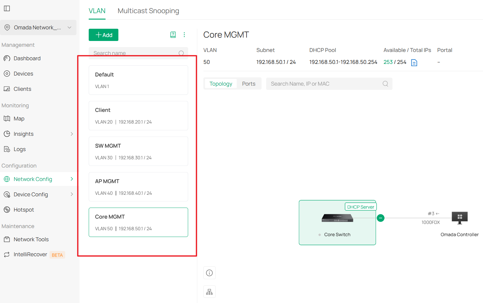 Client Network, SW MGMT Network, AP MGMT Network and Core MGMT Network have been configured
