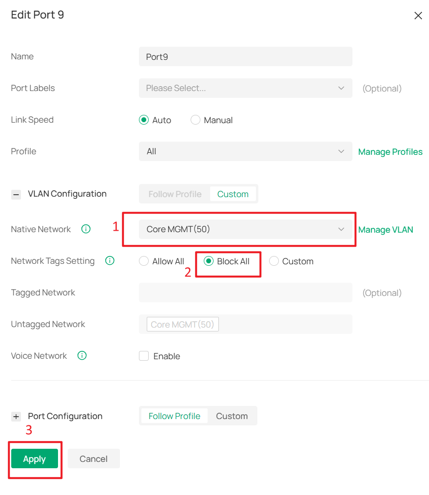 Set the Controller port to allow only Omada management traffic