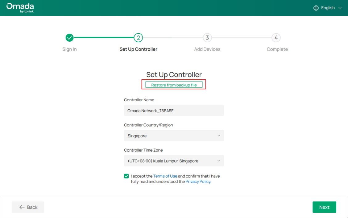 A screen shot showing the set up controller page and highlight the restore button