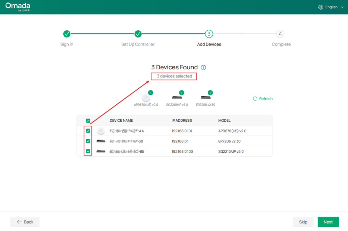 A screen shot showing the add devices page