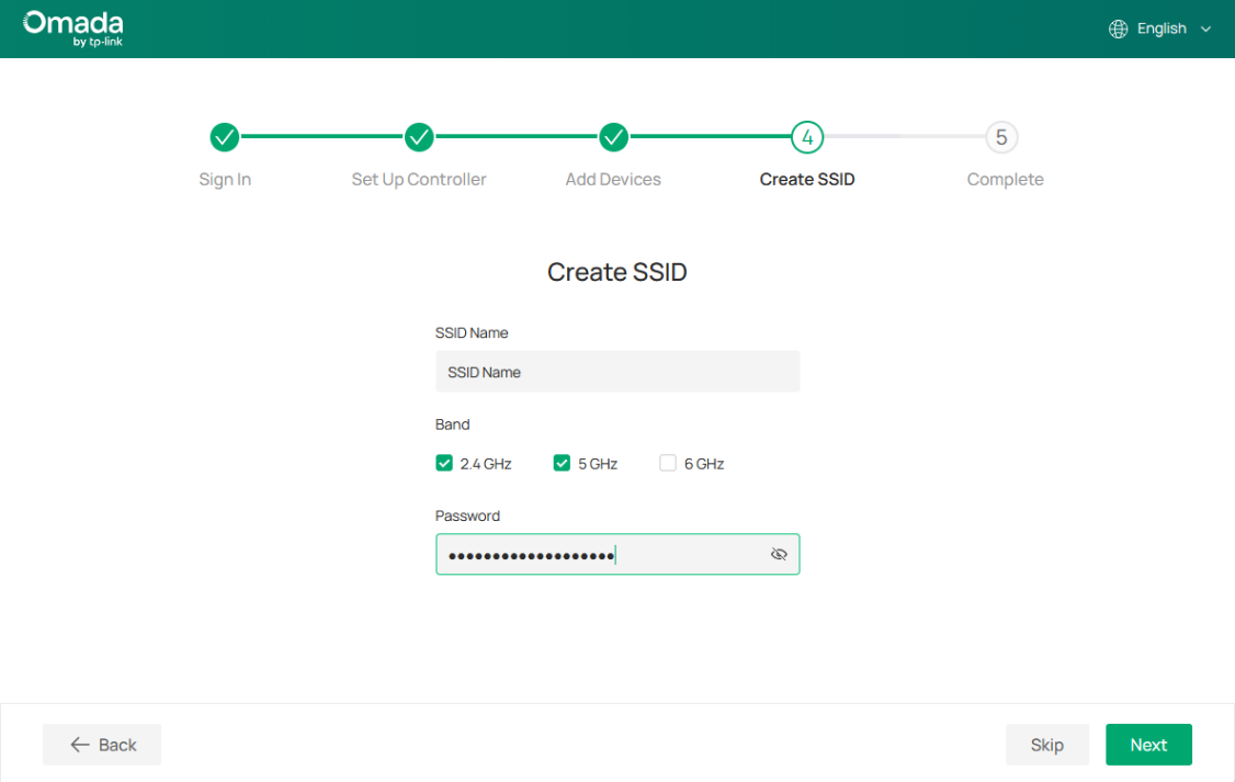 A screen shot showing the Create SSID page
