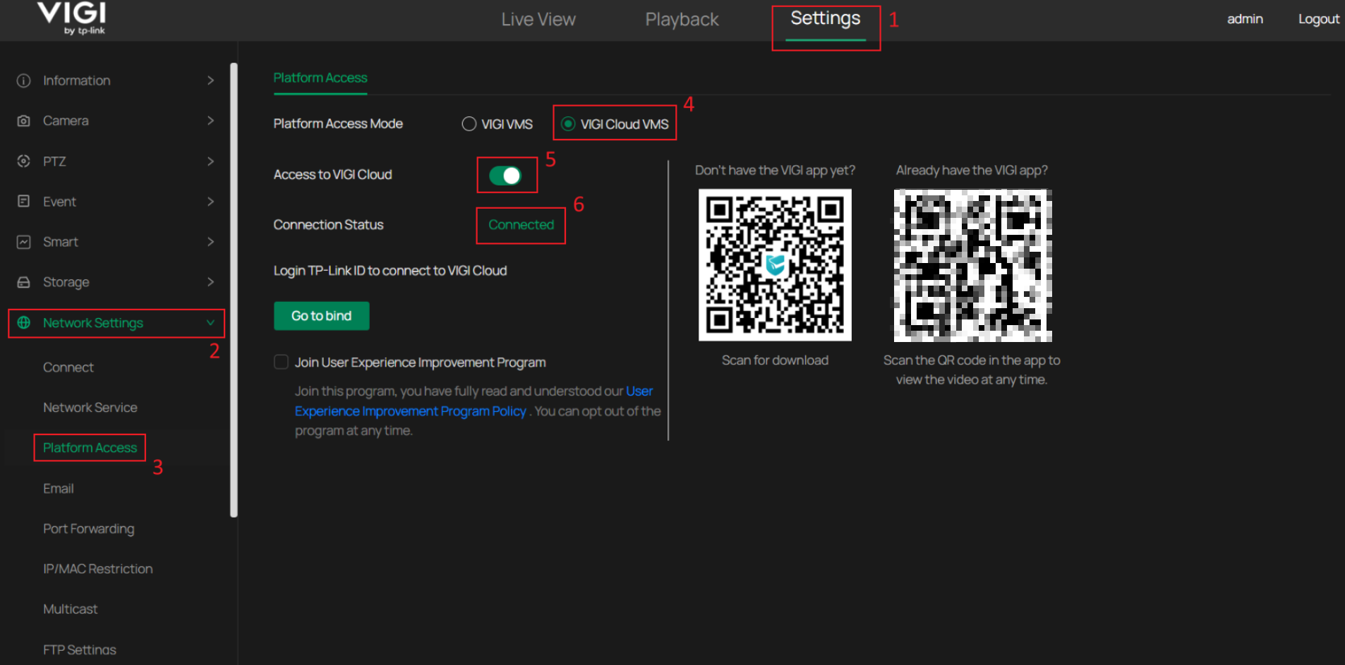 Displaying how to enable VIGI Cloud access and verify Connected status