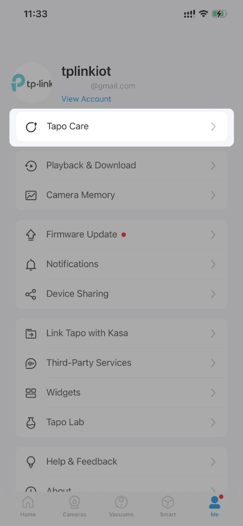 Tap me button in the bottom right corner of Tapo app, then select Tapo Care.