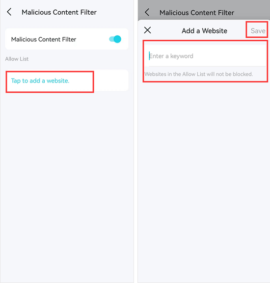 Malicious Content Filter page.