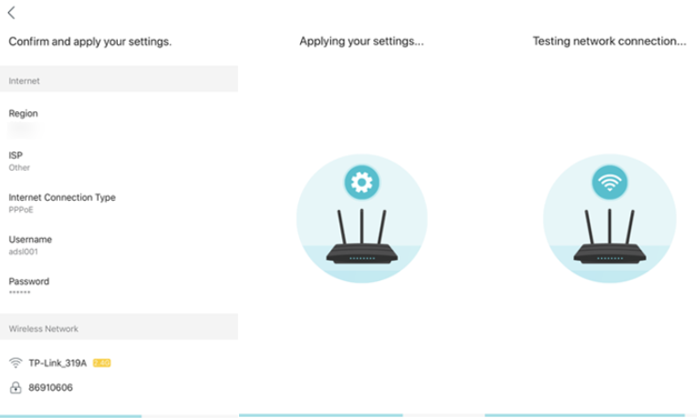 Tether will apply settings and test internt connection after confirm settings.