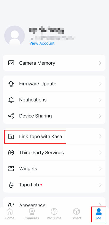 Tap me button in the bottom right corner, then select Link Tapo with Kasa.