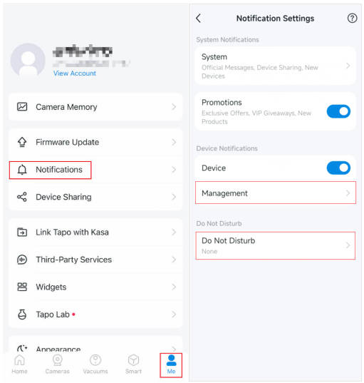 Tap me button in the bottom right corner, select Notifications to manage device notifications settings.