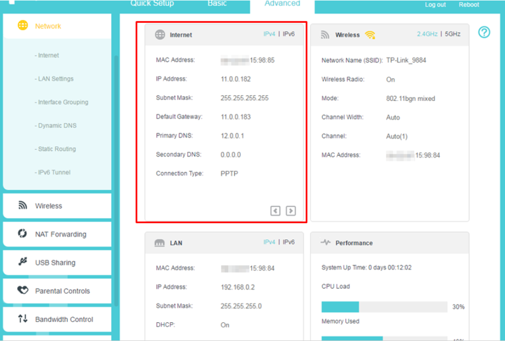 Internet section on Advanced-Status page via PPTP connection.