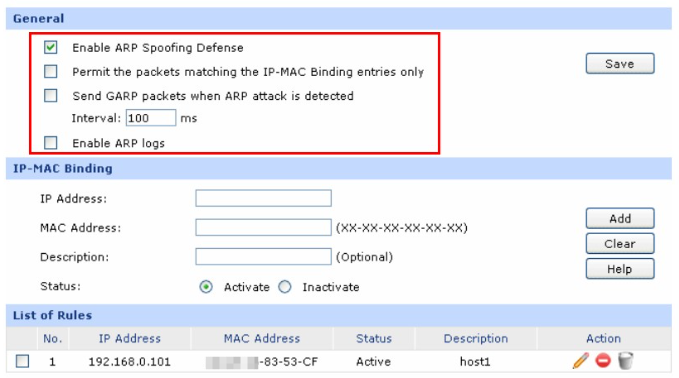 Firewall->Anti ARP Spoofing->IP-MAC Binding page.