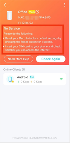 "No Service" error message on Deco page.