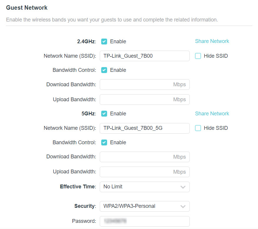 How do I set up Bandwidth Control and Effective Time for my guest