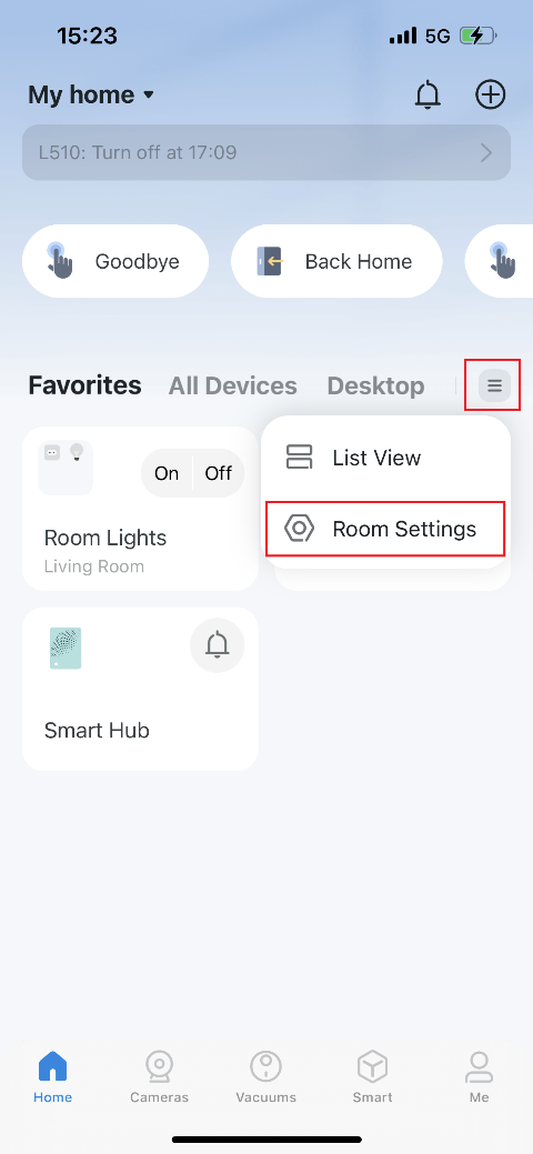 Muestra la posición de la configuración de la habitación.