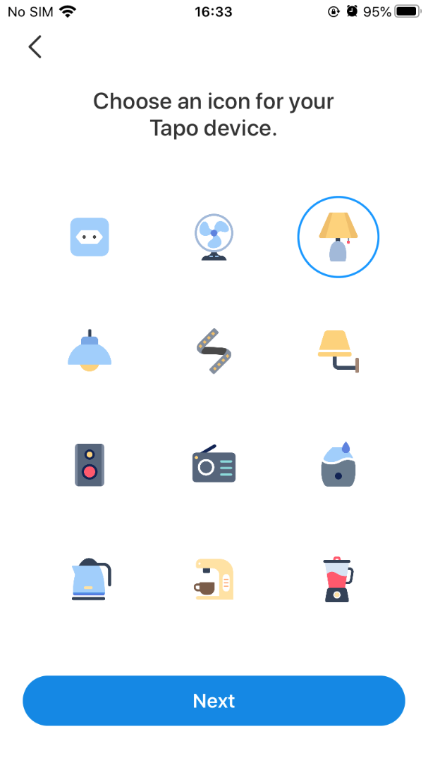 Les pages de l'application Tapo vous guident pour nommer l'appareil et sélectionner l'emplacement et l'icône.