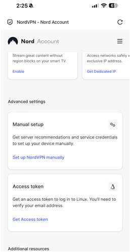 NordVPN account advanced settings page shows options for manual setup and access token.