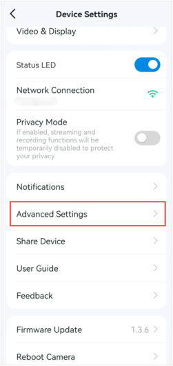 Display the location of Advanced Settings function in camera’s settings page.