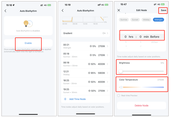 How to enable auto biorhythm and edit node settings.