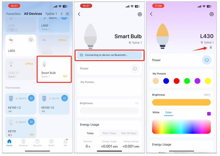 The steps to connect the L430 via Bluetooth in the Tapo app.