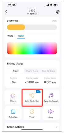 The picture shows where the auto-biorhythm feature is located in the Tapo app.