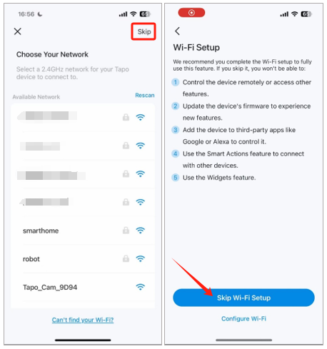 The steps to find the ‘Skip Wi-Fi Setup’ button in the Tapo app.