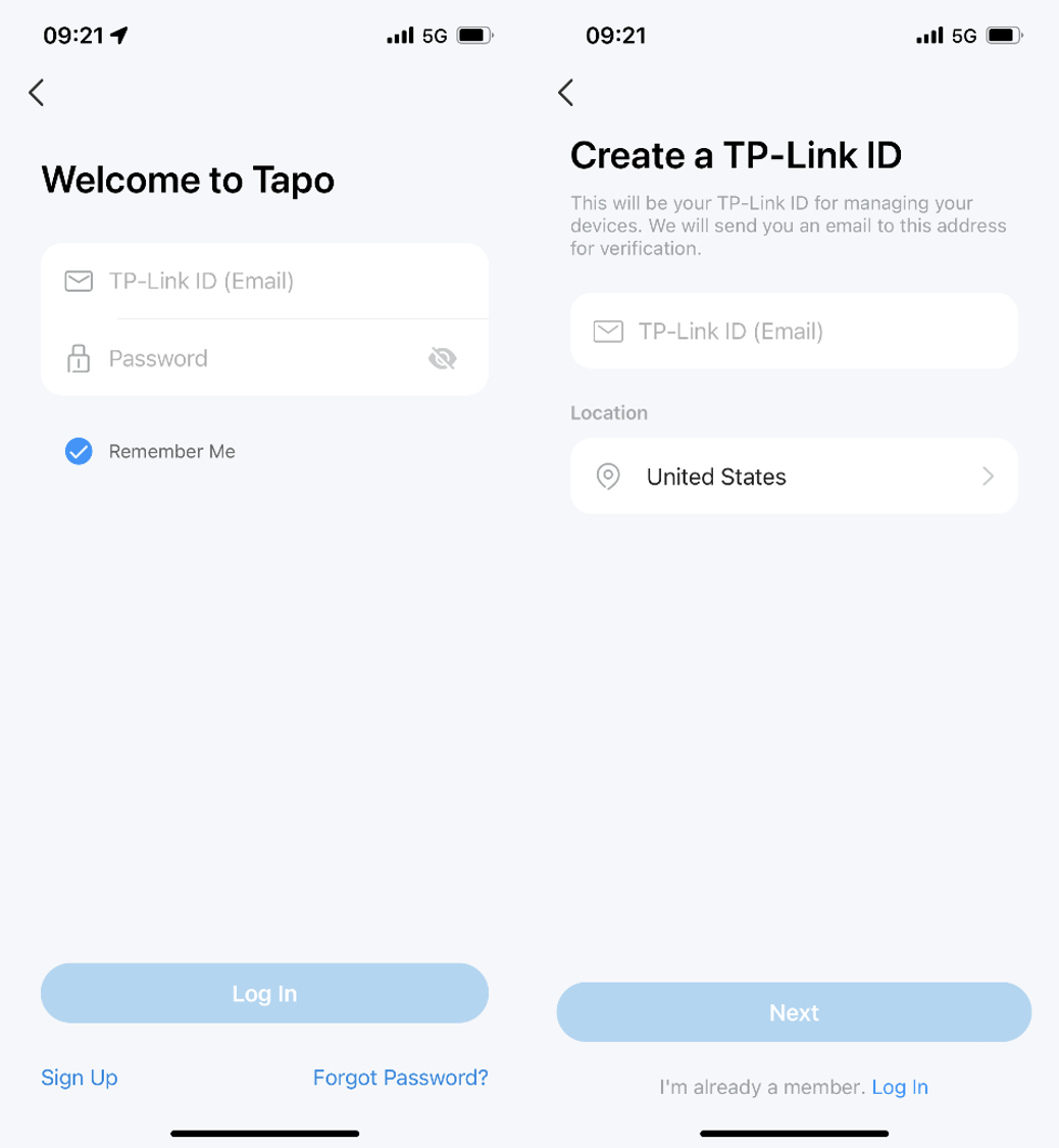 Screenshot guide for logging into the Tapo app.